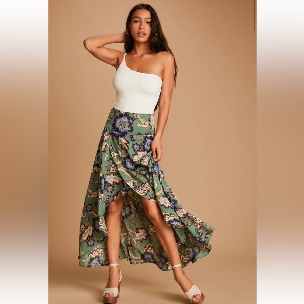 NEW Lulus Green Floral Print High-Low Maxi Skirt